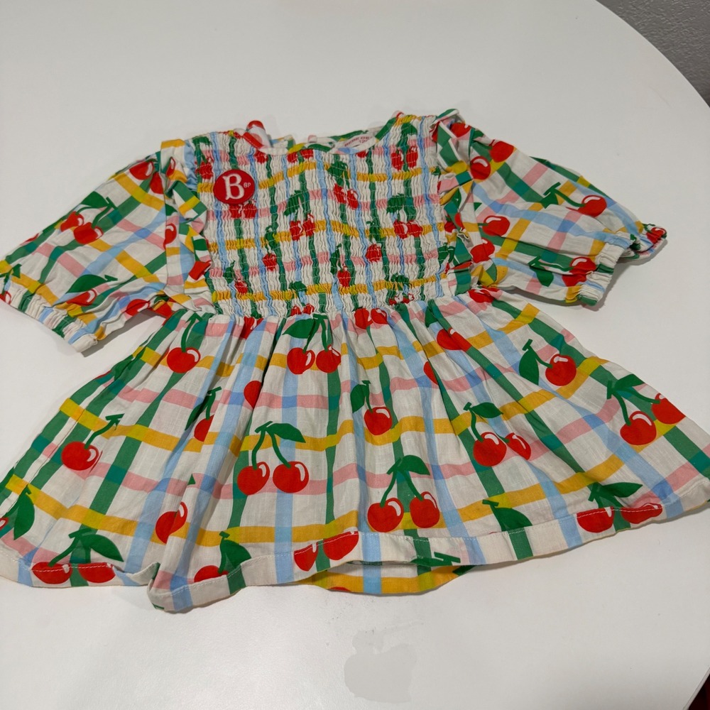 Bebe De Pino Girls Cherry Gingham Smocked Ruffle Blouse Ivory BP52SH439 Size 120